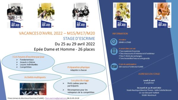 Stage épée M15-M17-M20 du 25 au 29 avril 2022 organisé par les Fines LAmes de Montreuil Escrime – FLAME