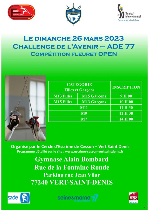 Challenge de l’Avenir – ADE 77 – OPEN Fleuret M7 à M15 – 26 mars 2023 à Cesson Vert Saint Denis